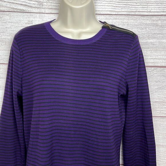 Lauren Ralph Lauren Jeans Co Striped Purple Top Tee Long Sleeves Zip shoulder - Picture 2 of 8